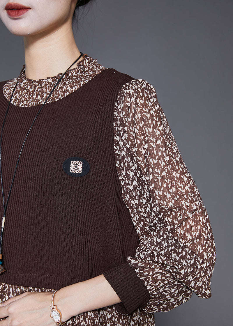 Coffee Print Patchwork Chiffon Knit Fake Two Piece Shirt Fall