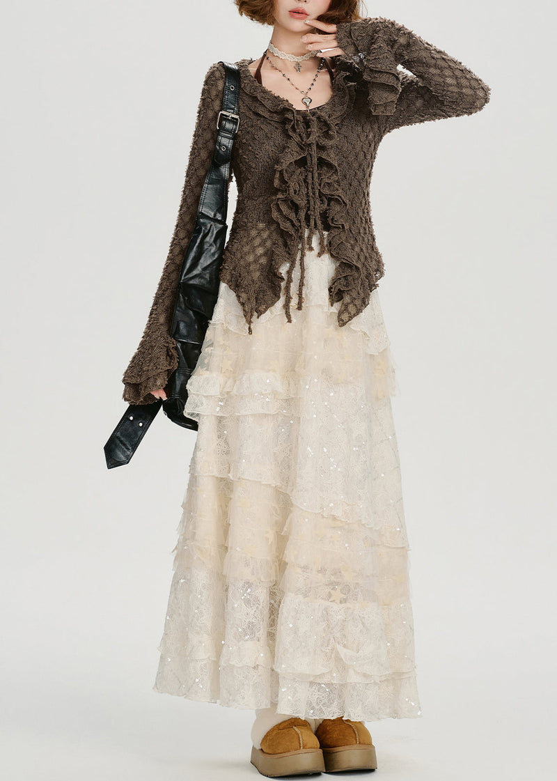 Coffee Ruffled Hollow Out Knit Shirts Flare Sleeve