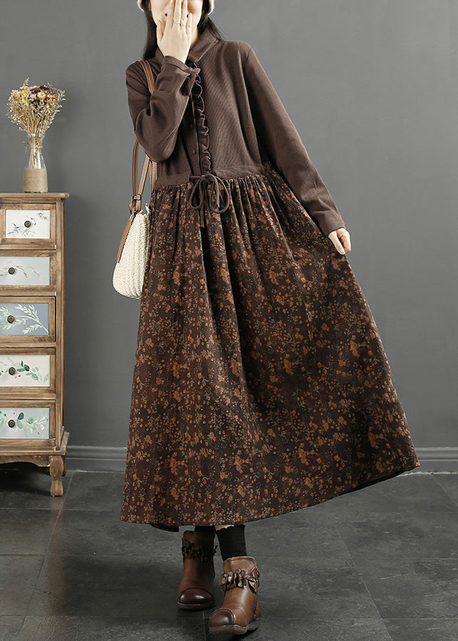 Coffee Ruffled Print Knit Patchwork Long Dress Long Sleeve