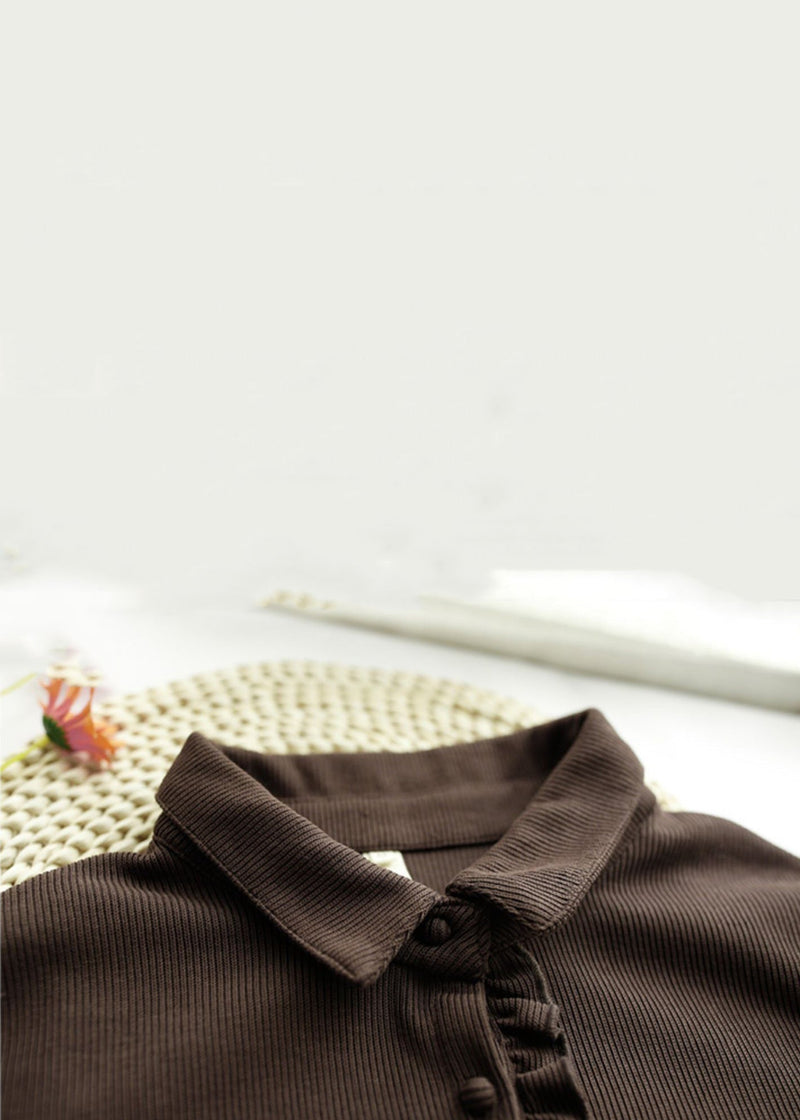 Coffee Ruffled Print Knit Patchwork Long Dress Long Sleeve