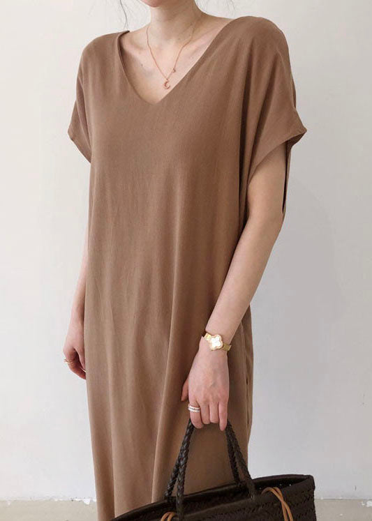 Chocolate Side Open Cotton Short Sleeve Long Dresses