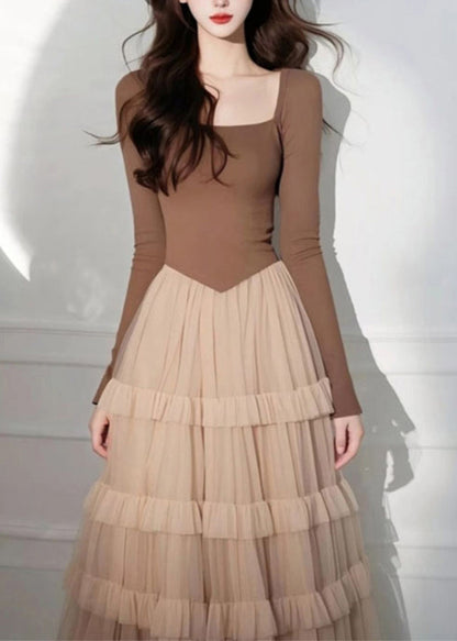 Coffee Square Collar Tulle Patchwork Long Cake Dress Spring