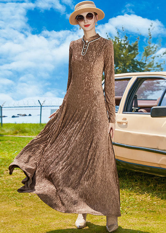 Chocolate Stand Collar Exra Large Hem a Line Dress Spring