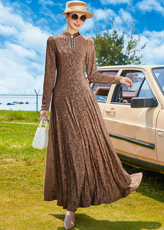 Chocolate Stand Collar Exra Large Hem a Line Dress Spring