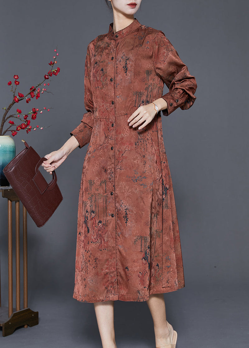 Coffee Stand Collar Print Tie Waist Silk Holiday Dress Spring
