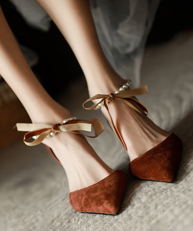 Coffee Suede High Heels Splicing Beading Bow