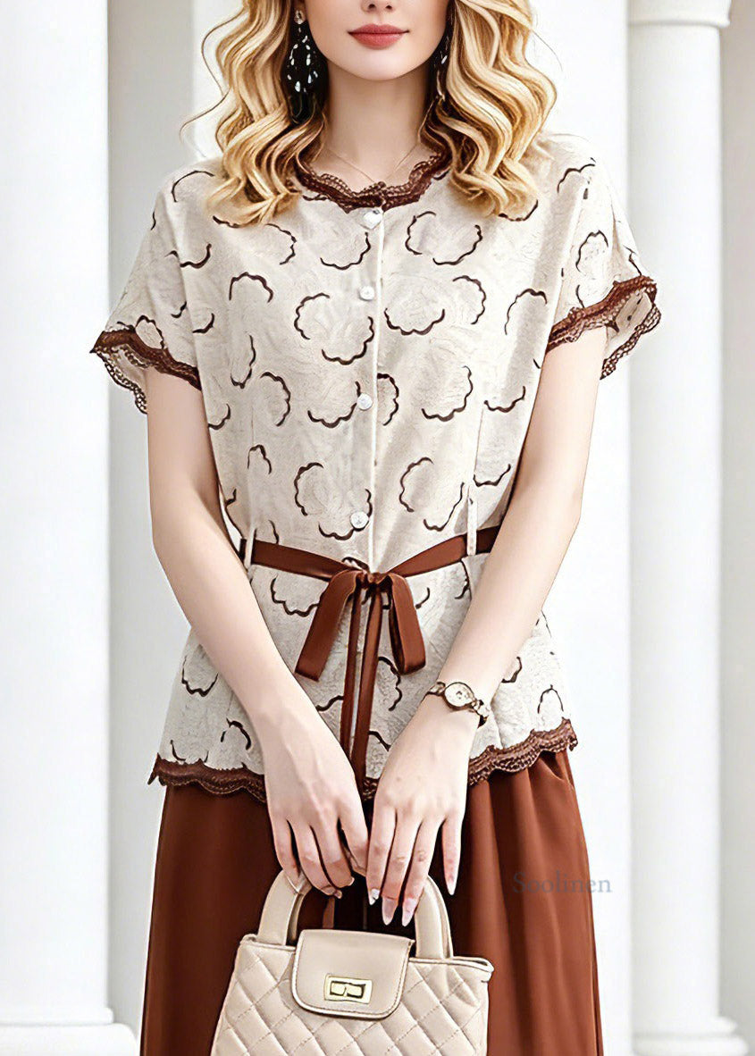 Coffee Tie Waist Chiffon Tops and Crop Pants Two Piece Set Short Sleeve