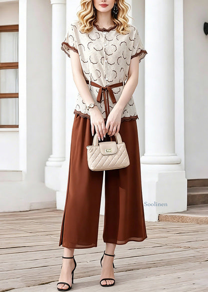 Coffee Tie Waist Chiffon Tops and Crop Pants Two Piece Set Short Sleeve