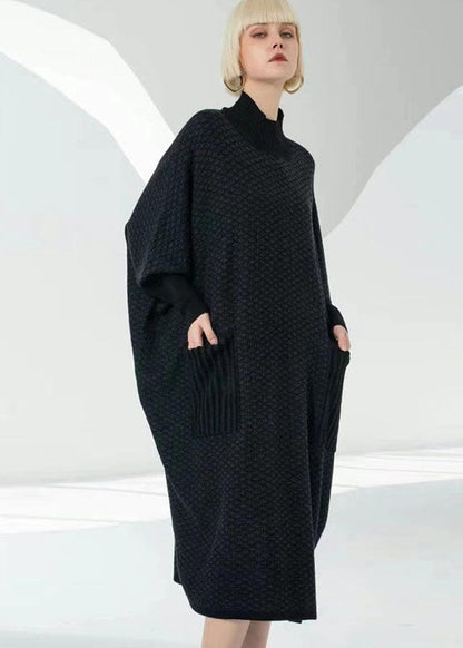 Chocolate Turtle Neck Patchwork Pockets Wool Sweater Dress Long Sleeve
