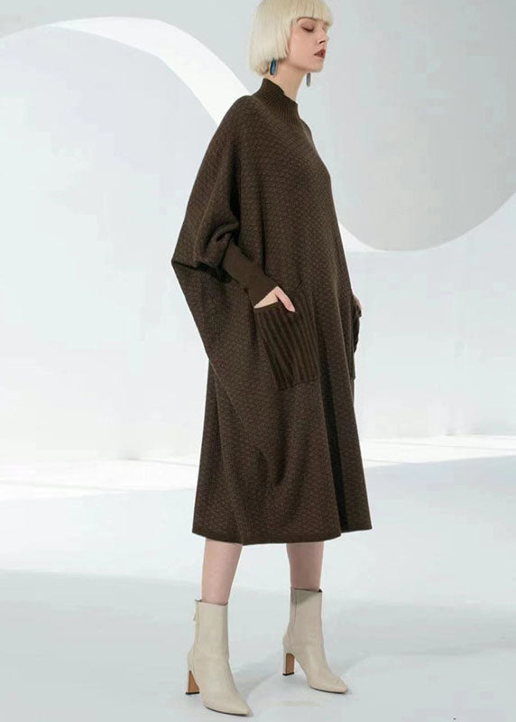 Chocolate Turtle Neck Patchwork Pockets Wool Sweater Dress Long Sleeve