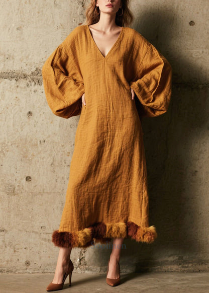Coffee V Neck Patchwork Faux Fur Dress Lantern Sleeve