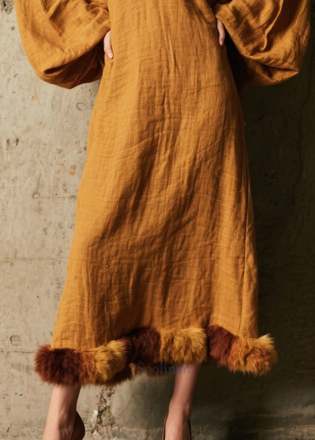 Coffee V Neck Patchwork Faux Fur Dress Lantern Sleeve