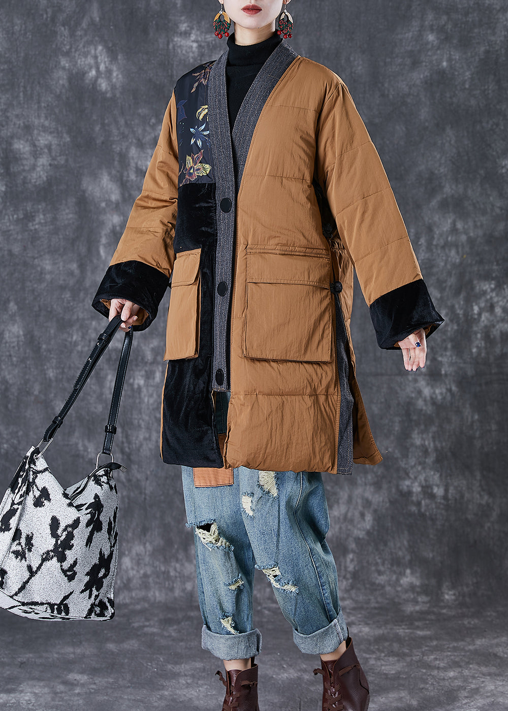 Coffee V Neck Patchwork Pockets Fine Cotton Filled Jackets Winter