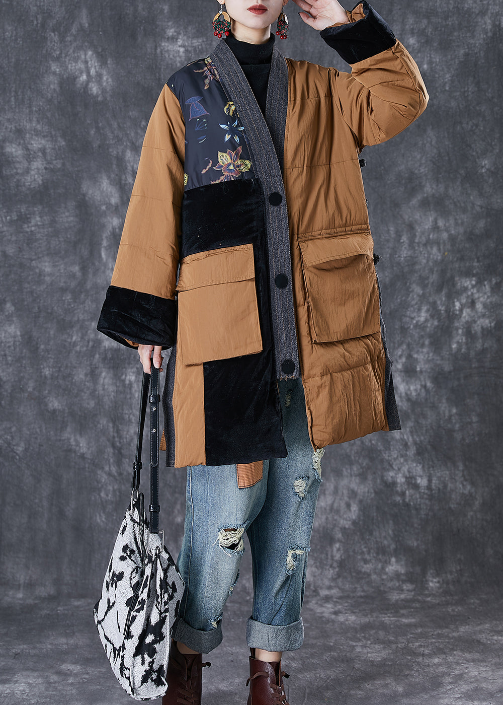 Coffee V Neck Patchwork Pockets Fine Cotton Filled Jackets Winter