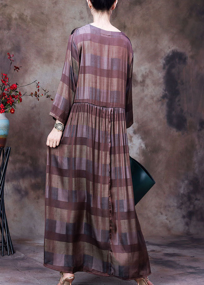 Chocolate V Neck Plaid Wrinkled Long Dresses Long Sleeve