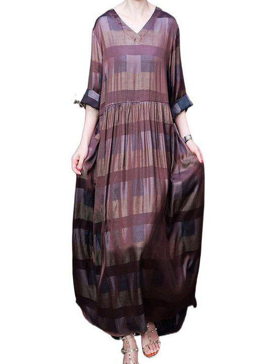 Chocolate V Neck Plaid Wrinkled Long Dresses Long Sleeve