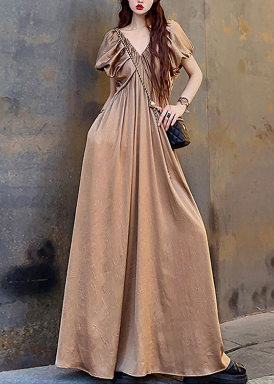 Coffee V Neck Wrinkled Patchwork Cotton Long Dresses Summer