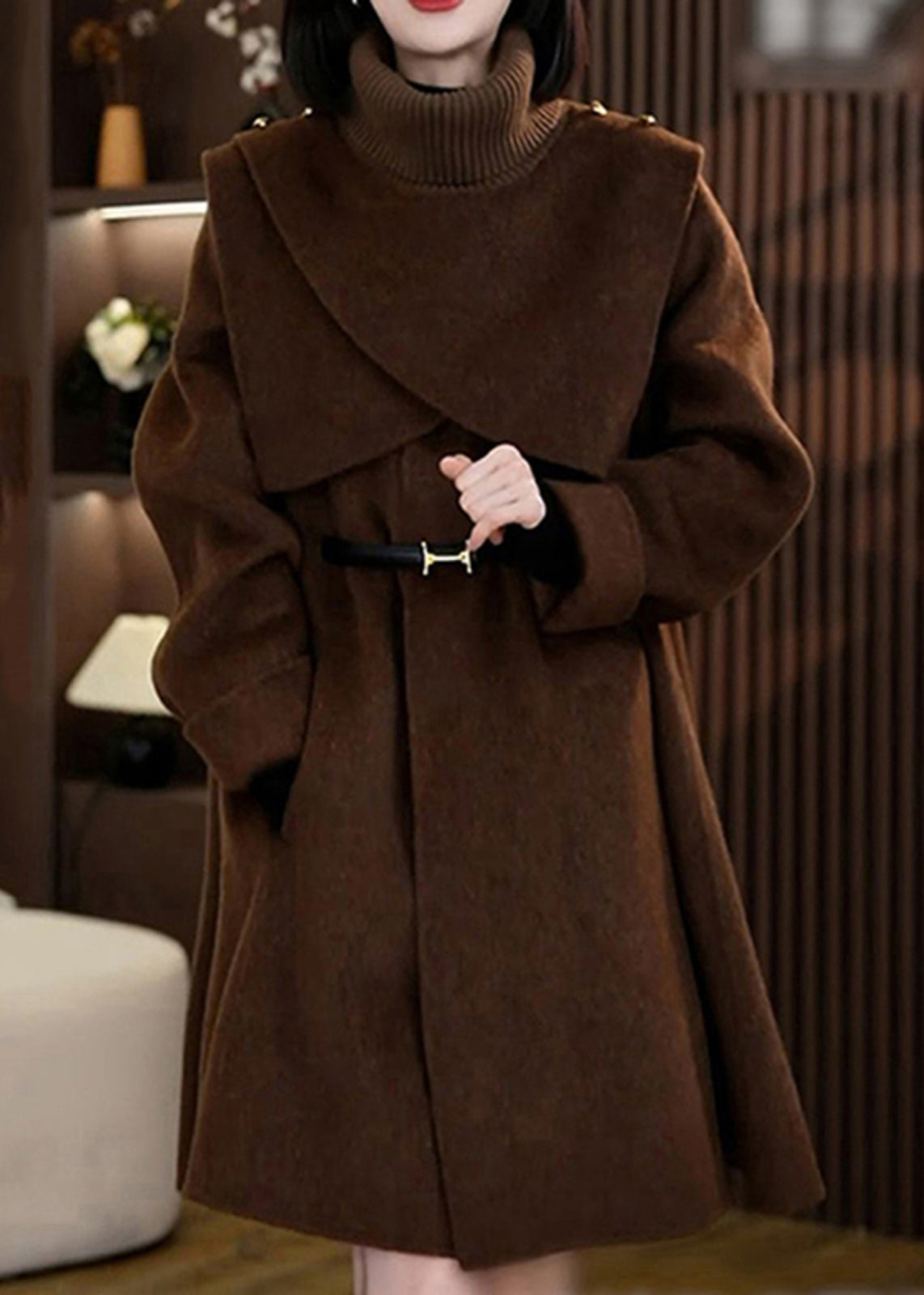 Coffee Woolen Coats and Knit Scarf Two Pieces Set Winter
