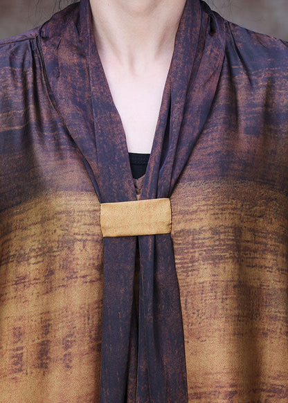 Chocolate Yellow Bow Print Silk Loose Ankle Dress Batwing Sleeve