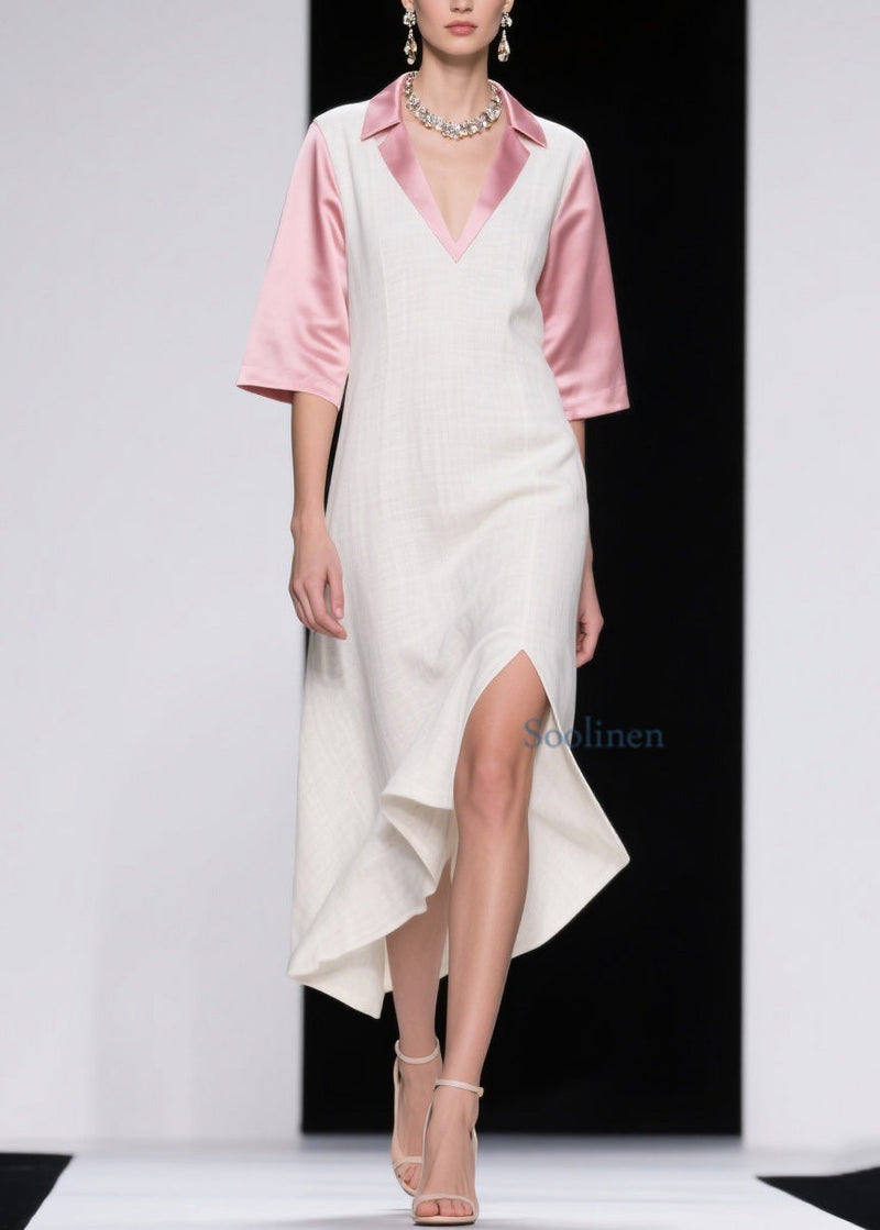 Colorblock Asymmetrical Patchwork Linen Silk Dresses Summer