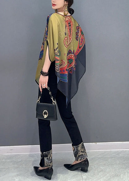 Colorblock Asymmetrical Print Chiffon Top Batwing Sleeve