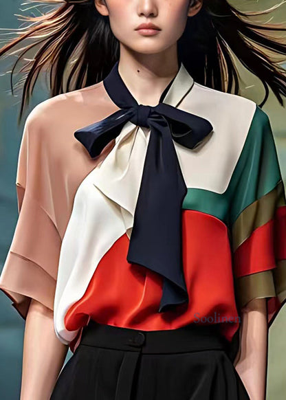 Colorblock Bow Patchwork Chiffon Tops Summer