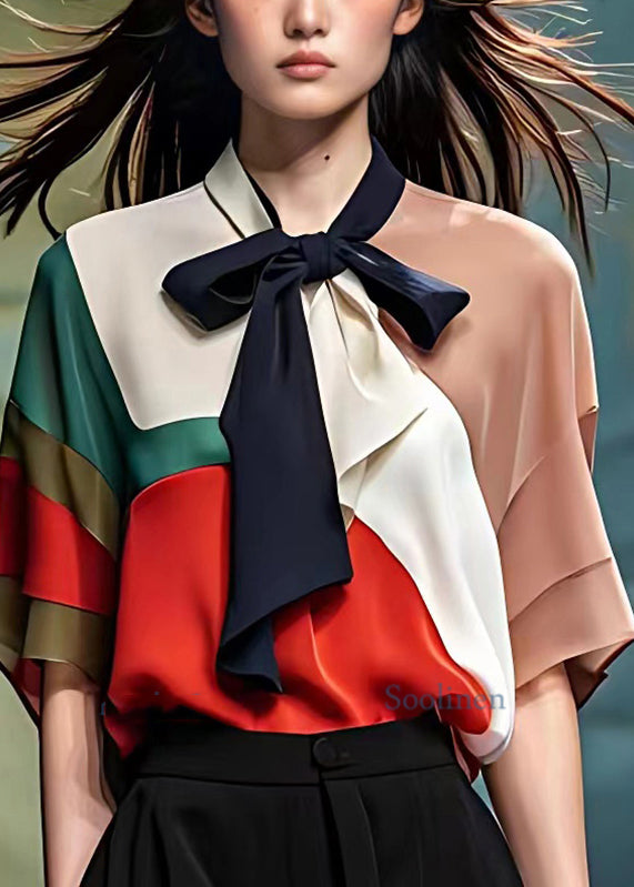 Colorblock Bow Patchwork Chiffon Tops Summer