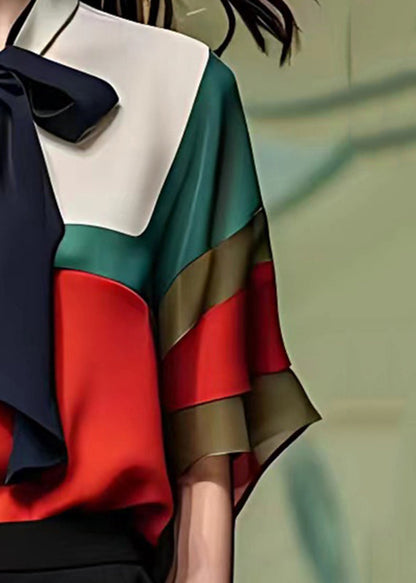 Colorblock Bow Patchwork Chiffon Tops Summer