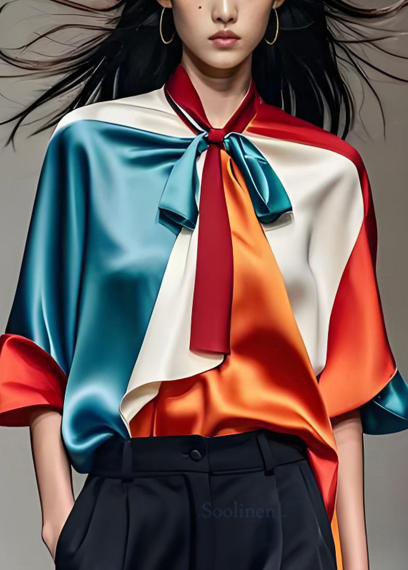 Colorblock Bow Silk Shirts Tops Half Sleeve