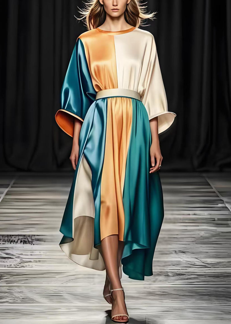 Colorblock Cinched Patchwork Silk Long Dresses Spring