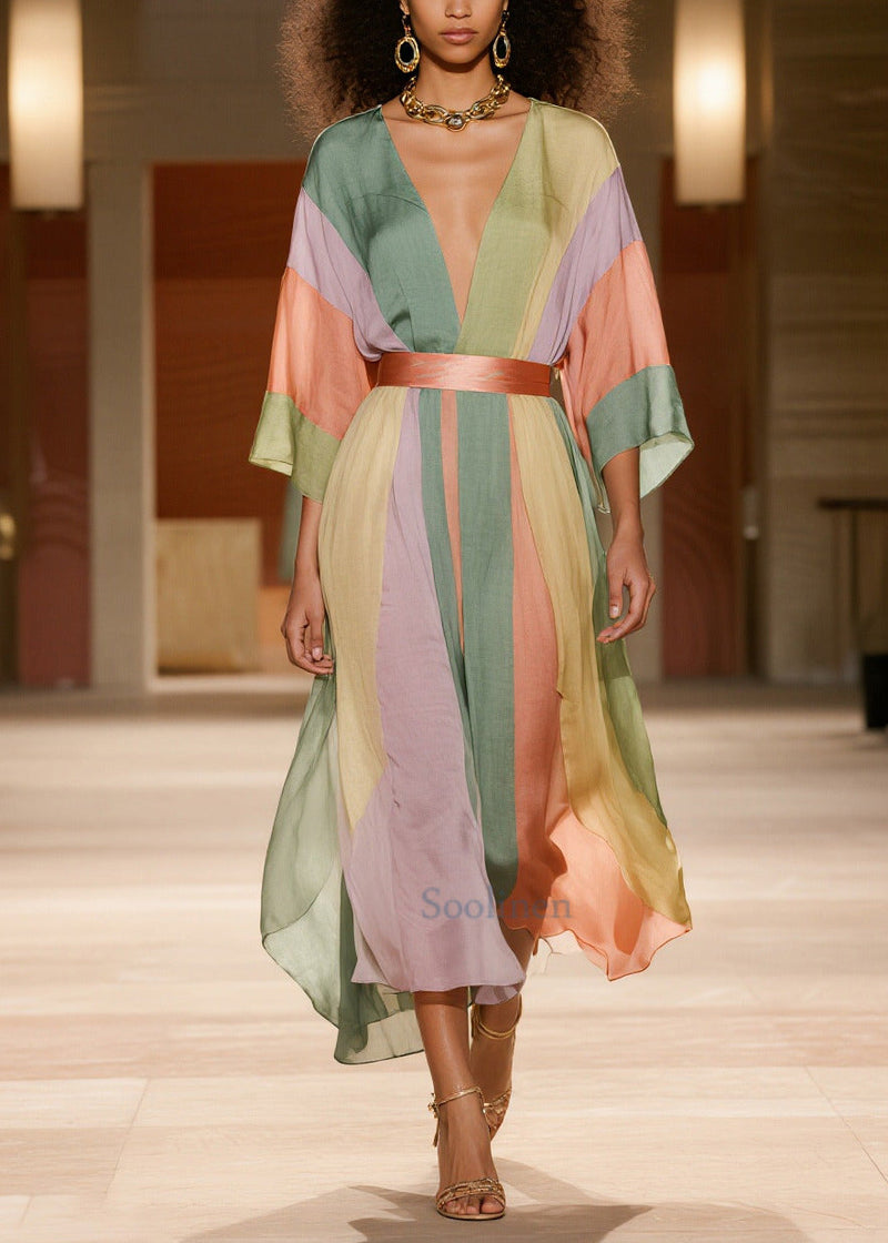 Colorblock Cinched Striped Silk Cotton Dress Summer