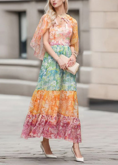 Colorblock Lace Up Print Chiffon Long Dresses Half Sleeve