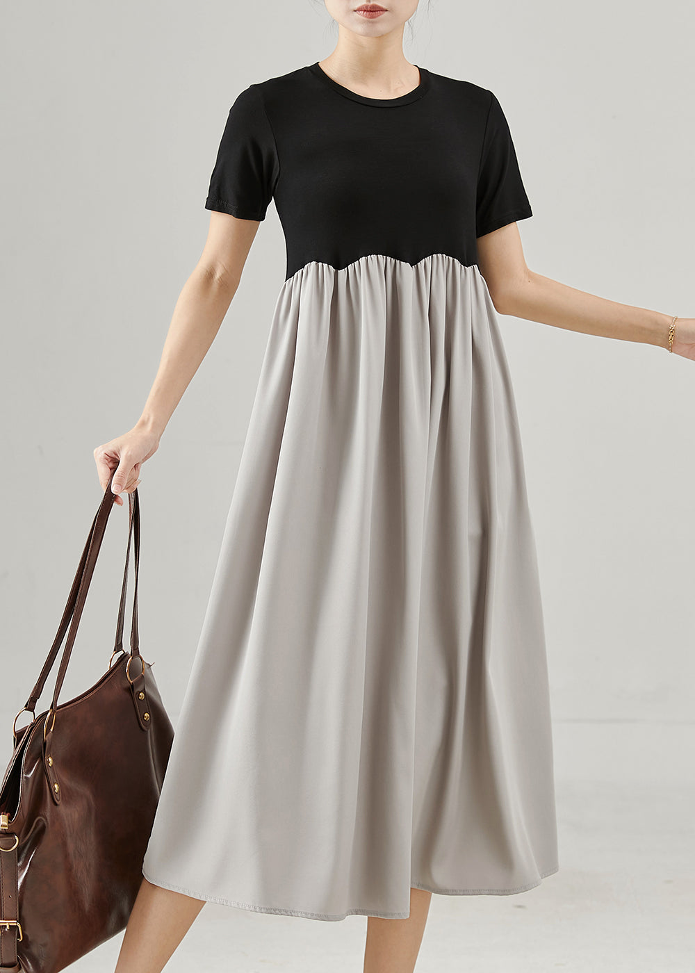 Colorblock O-neck Patchwork Cotton a Line Dresses Summer