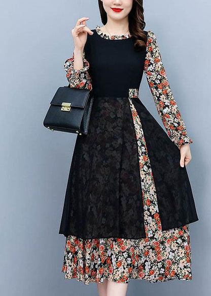 Colorblock O-neck Patchwork Print Chiffon Dresses Fall