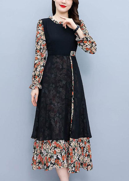Colorblock O-neck Patchwork Print Chiffon Dresses Fall