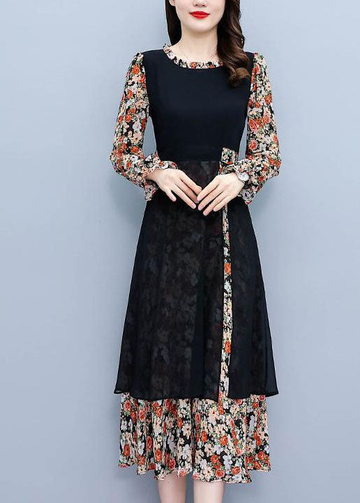 Colorblock O-neck Patchwork Print Chiffon Dresses Fall