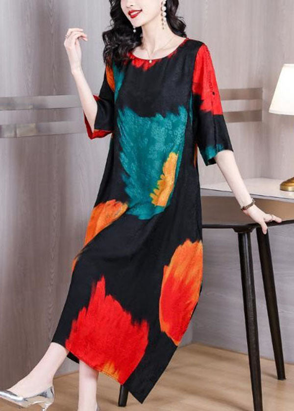 Colorblock O Neck Print Patchwork Silk Dress Summer