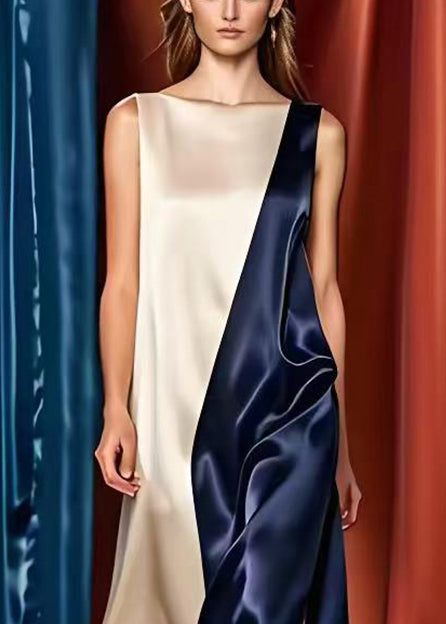 Colorblock Oversized Patchwork Side Open Silk Long Dresses Summer