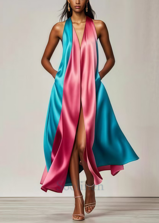 Colorblock Patchwork Side Open Silk Vestidos Dress Summer