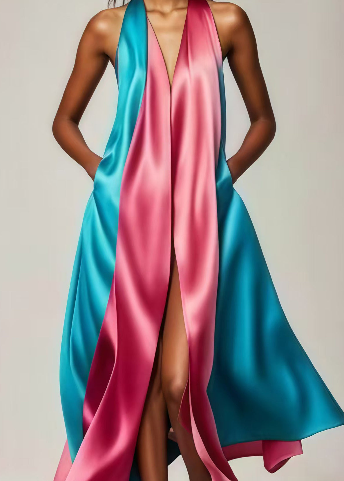 Colorblock Patchwork Side Open Silk Vestidos Dress Summer