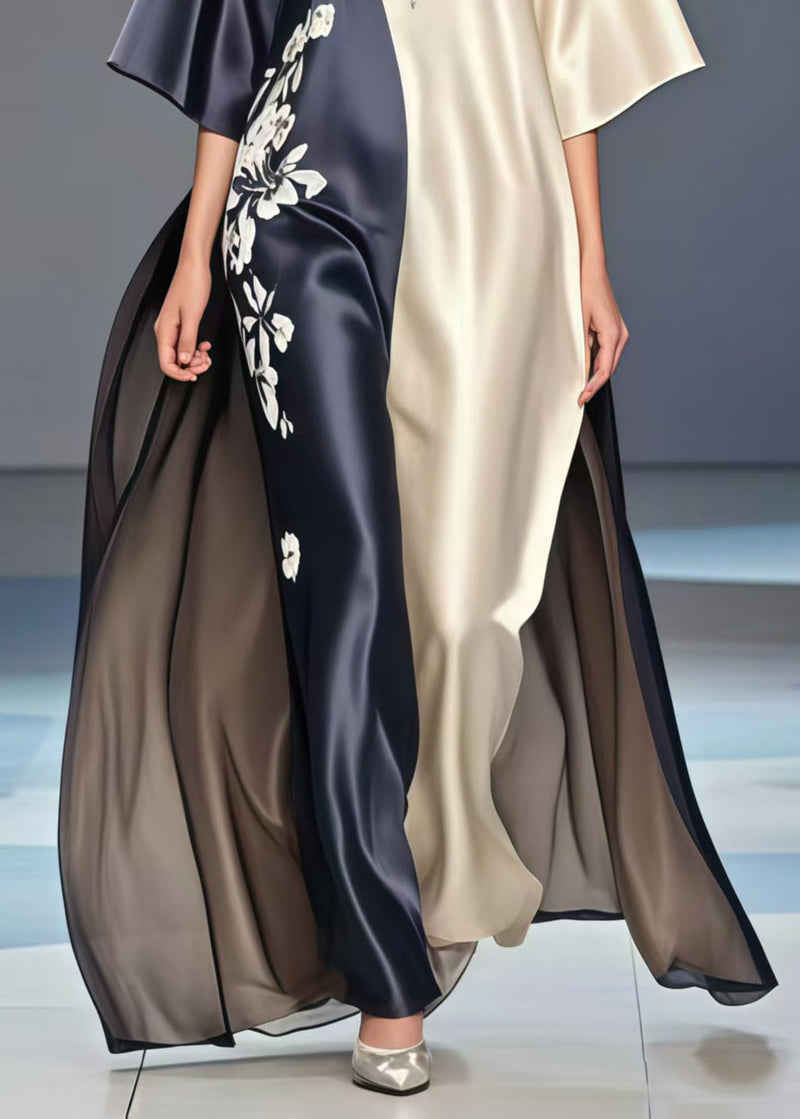 Colorblock Print Exra Large Hem Silk Long Dresses Summer