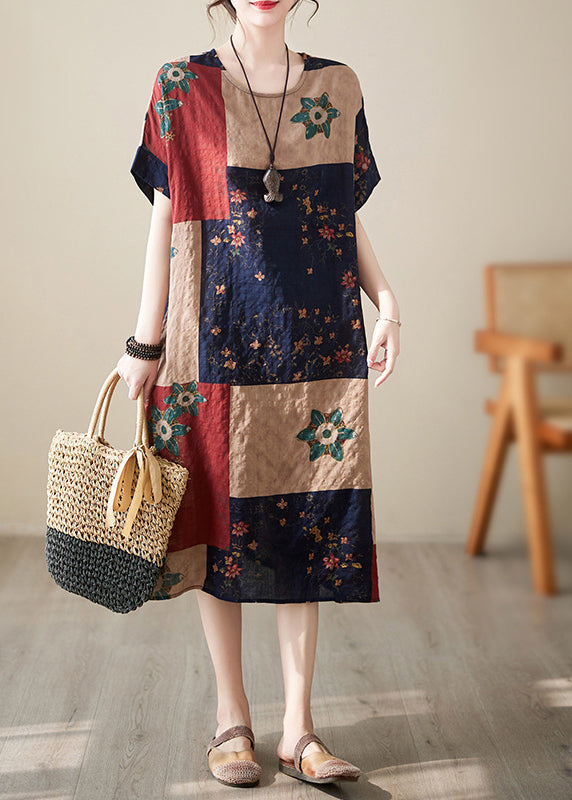 Colorblock Print Maxi Dresses Short Sleeve