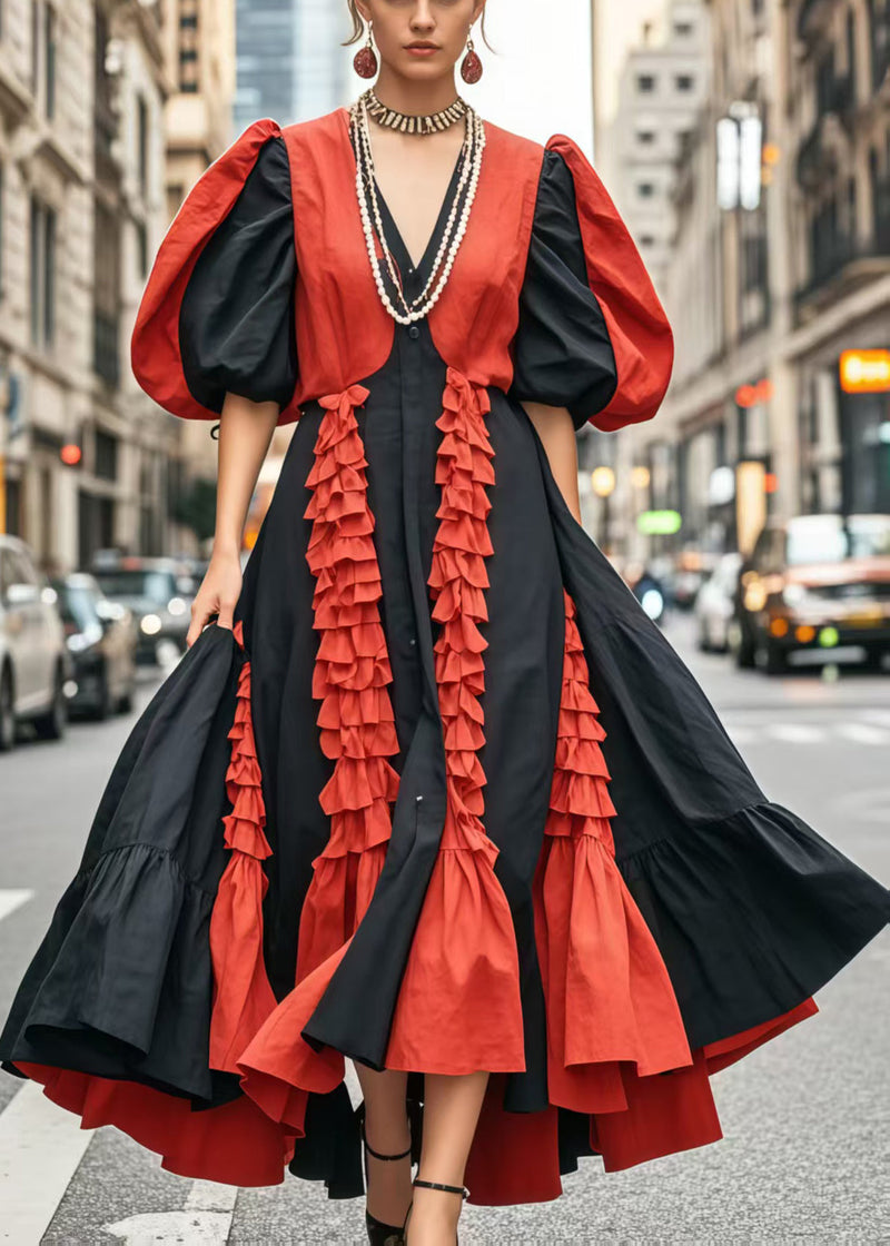 Colorblock Puff Sleeve Patchwork Ruffled Cotton Dress Vestidos