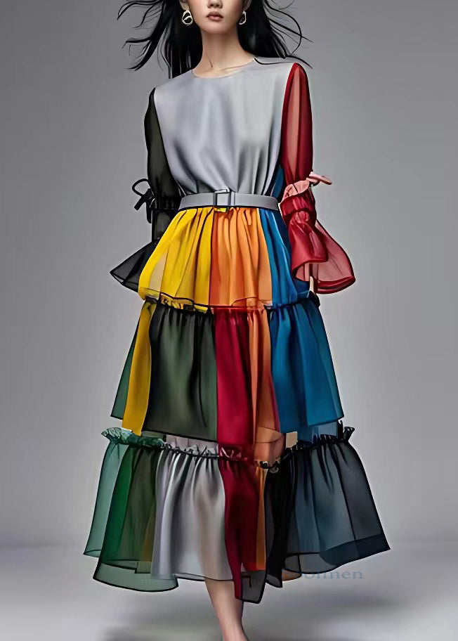 Colorblock Ruffled Patchwork Sashes Chiffon Maxi Dresses Fall
