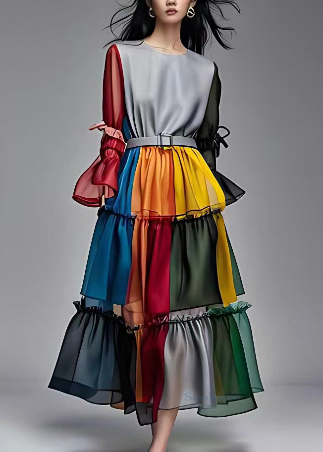 Colorblock Ruffled Patchwork Sashes Chiffon Maxi Dresses Fall