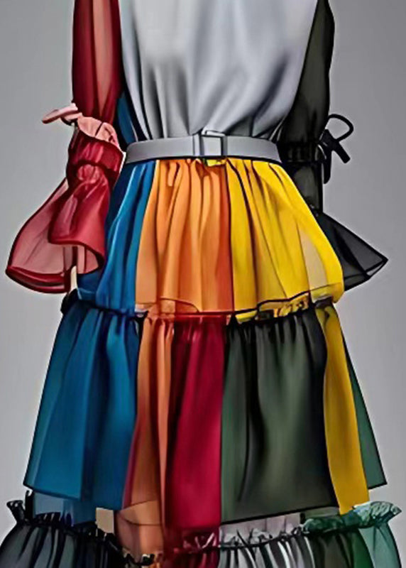 Colorblock Ruffled Patchwork Sashes Chiffon Maxi Dresses Fall