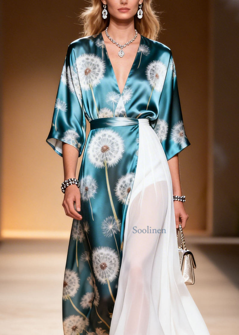 Colorblock V Neck Asymmetrical Patchwork Chiffon Dresses Summer