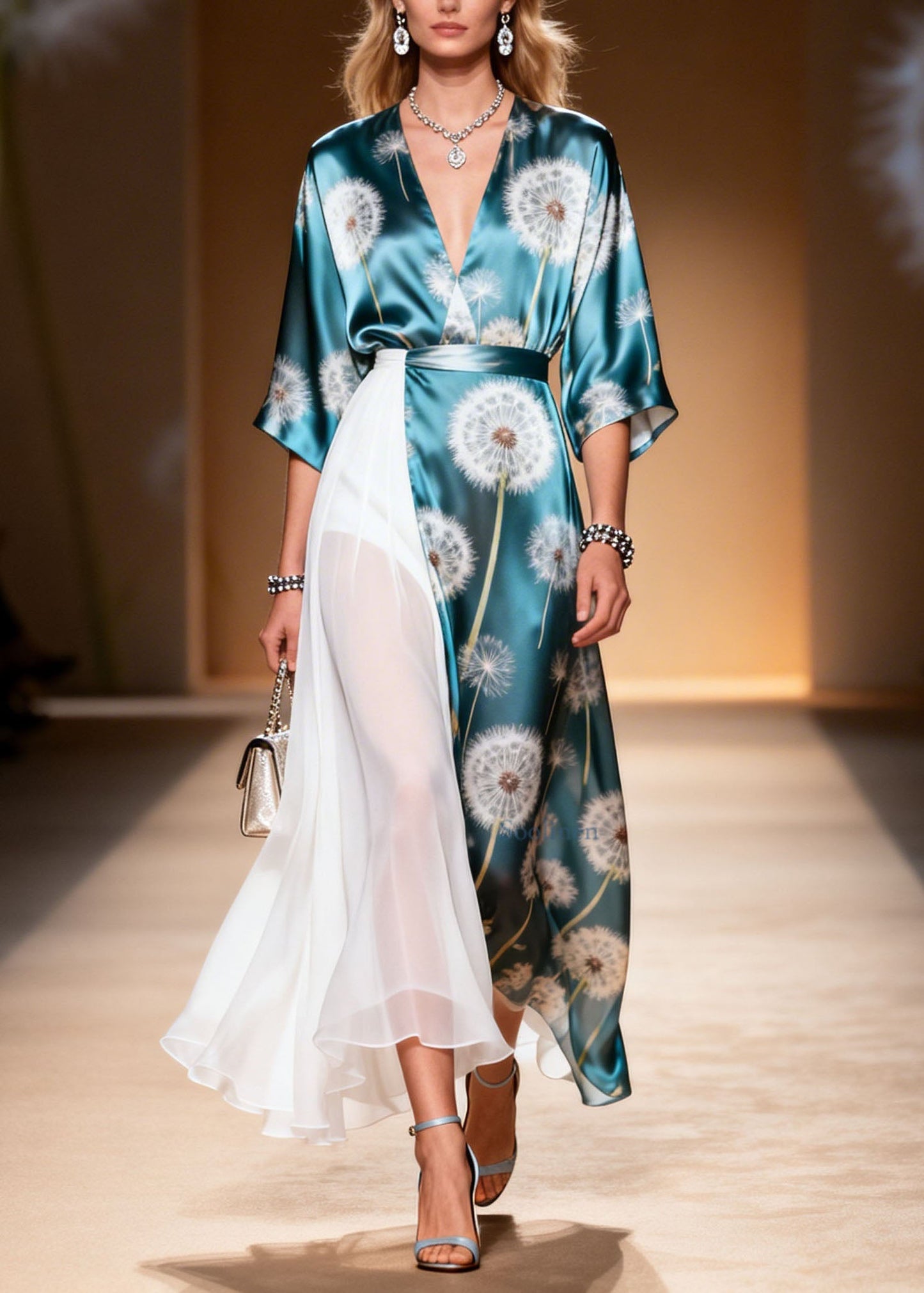 Colorblock V Neck Asymmetrical Patchwork Chiffon Dresses Summer