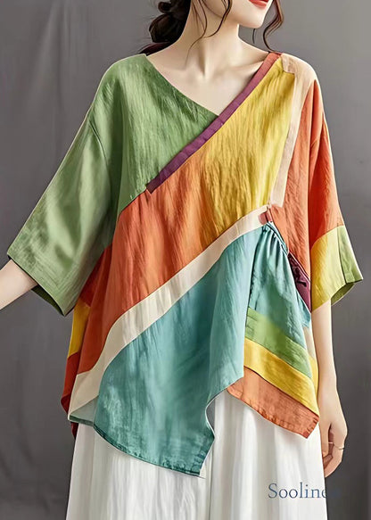 Colorblock V Neck Asymmetrical Wrinkled Top Summer