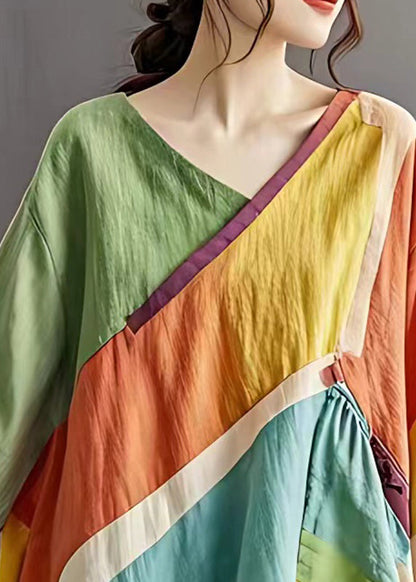 Colorblock V Neck Asymmetrical Wrinkled Top Summer